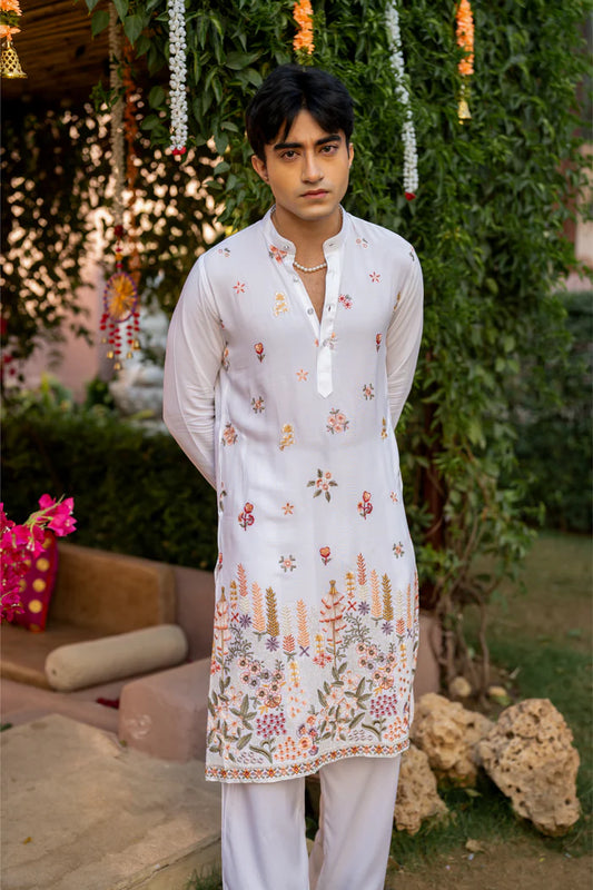 COTTON BLEND BOTANICAL THREAD AND SEQUIN WORK EMBROIDERY WITH SEQUENCE WEDDING AND FESTIVE KURTA