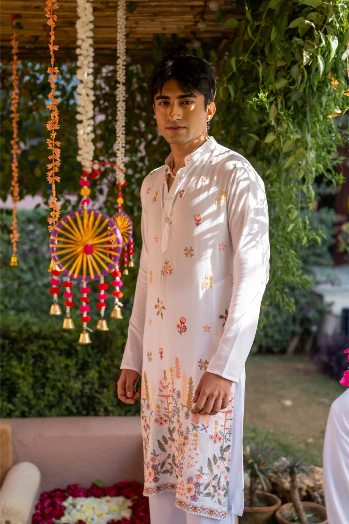 COTTON BLEND BOTANICAL THREAD AND SEQUIN WORK EMBROIDERY WITH SEQUENCE WEDDING AND FESTIVE KURTA