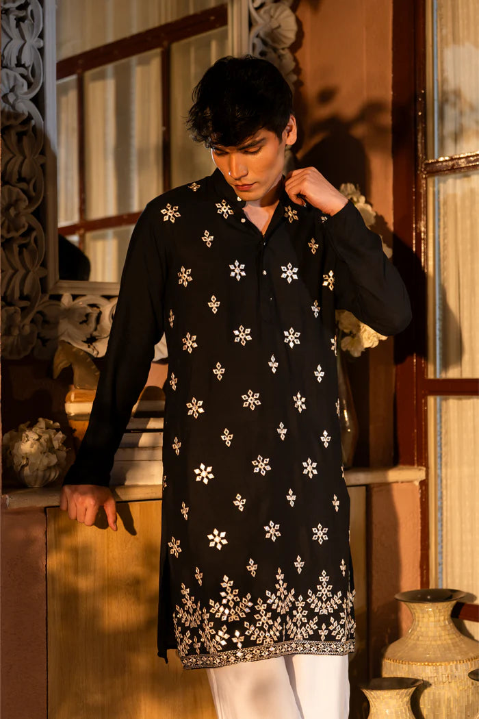Black Cotton Blend Gold Patran Work KURTA