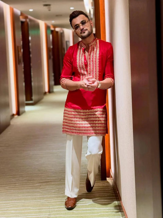 RED EMBROIDERED KURTA SET