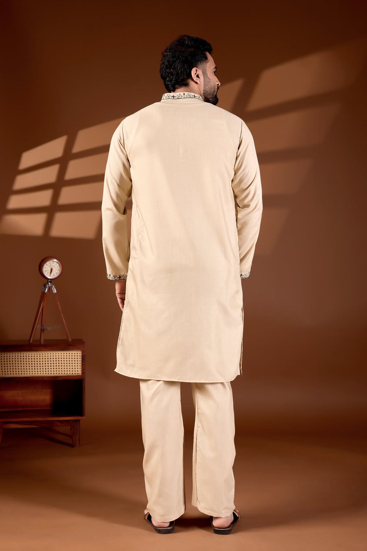 MEN'S COTTON NECK EMBROIDERED CREAM KURTA WITH CREAM TROUSER PANT