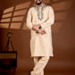 MEN'S COTTON NECK EMBROIDERED CREAM KURTA WITH CREAM TROUSER PANT