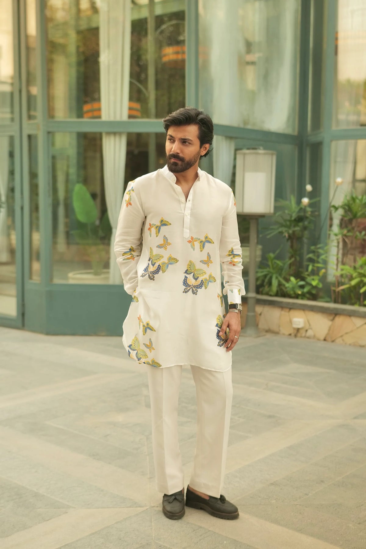 WHITE BUTTERFLY PRINTED KURTA