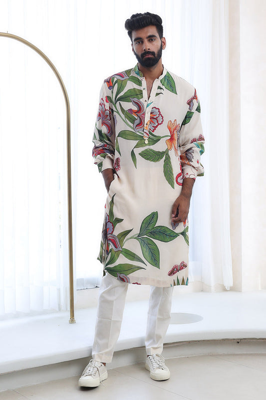 IVORY MODAL, COTTON EMBROIDERY STRAIGHT PRINTED KURTA PANT SET