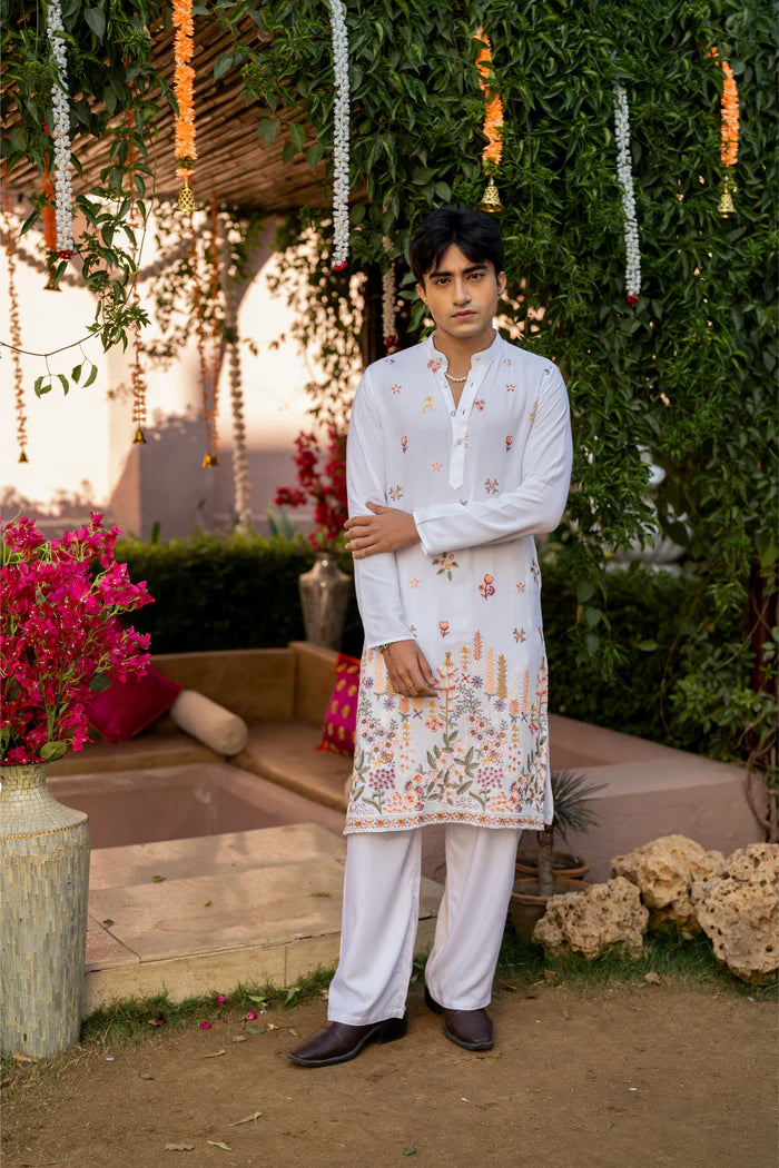 COTTON BLEND BOTANICAL THREAD AND SEQUIN WORK EMBROIDERY WITH SEQUENCE WEDDING AND FESTIVE KURTA