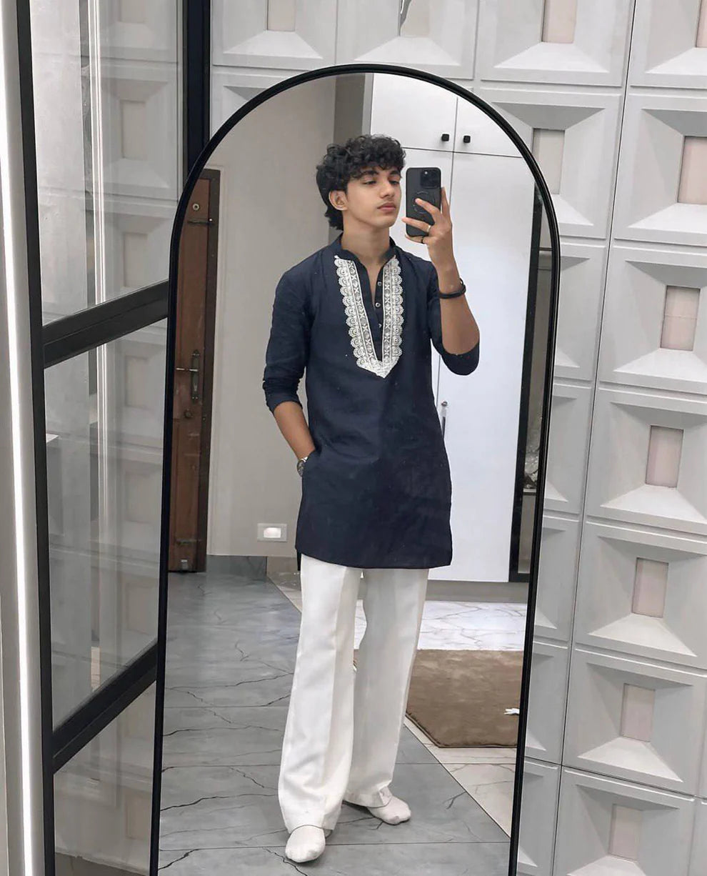 Blue v neck embroidery thred kurta with pajama