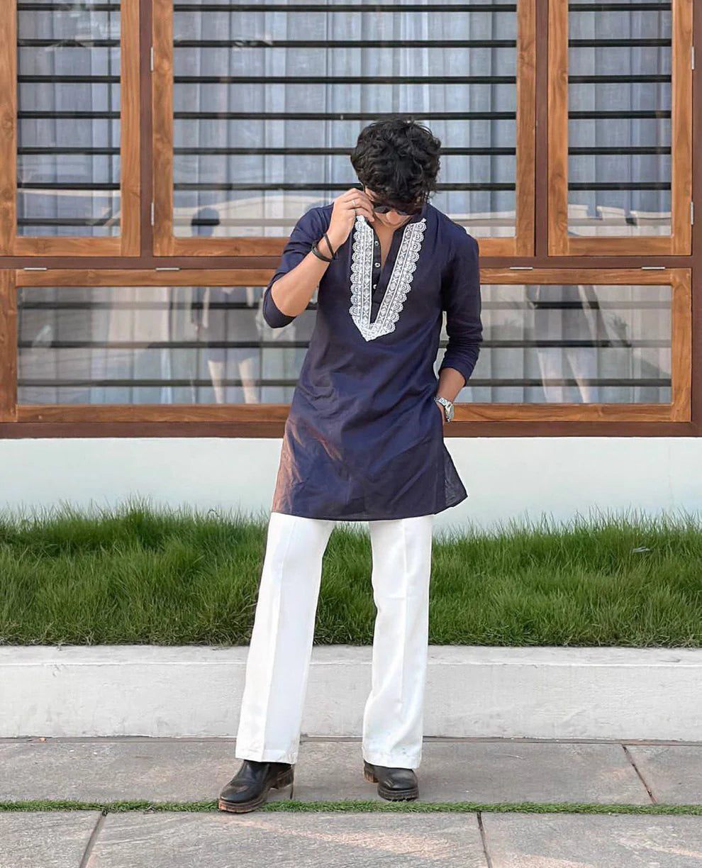 Blue v neck embroidery thred kurta with pajama