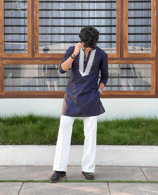 Blue v neck embroidery thred kurta with pajama
