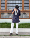 Blue v neck embroidery thred kurta with pajama