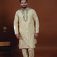 MEN'S COTTON NECK EMBROIDERED CREAM KURTA WITH CREAM TROUSER PANT